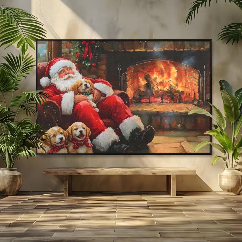 Tablou canvas cu mos craciun dormind cu catei langa semineu, in rama de aluminiu negru